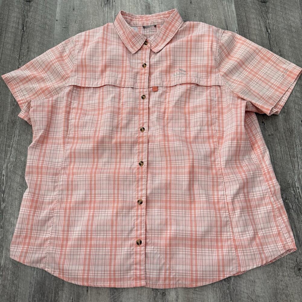 LL Bean Tropicwear Shirt Womens 1X Plus Peach Plaid Fishing Vented 515932